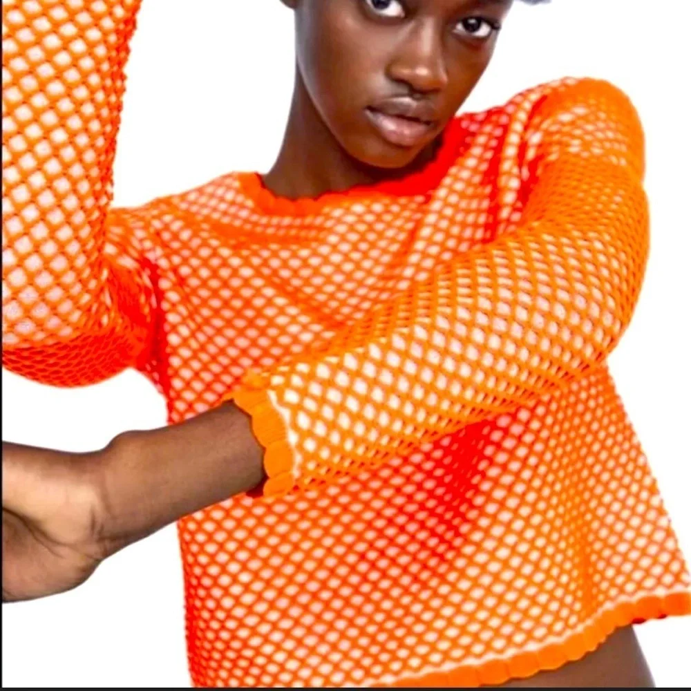 Zara neon fishnet semi sheer crop sweater s